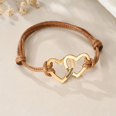 Personalized Double Hearts Leather Bracelet with 1-4 Kids Names, Mother's Day Birthday Gift for Her/Mom/Grandma