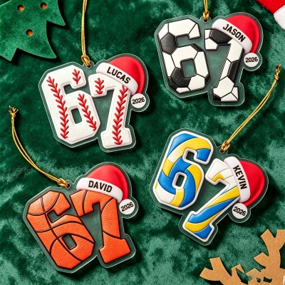 Custom Name 67 Sports Ball Christmas Ornament, Acrylic Holiday Tree Hanging Decor, Funny 67 Meme Keepsake, Christmas Gift for Teenagers/Sports Lovers