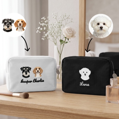 Personalized Embroidered Pet Portraits Waffle Weave Makeup Bag with Names, Large Capacity Toiletry Bag, Travel Accessory, Birthday Gift for Pet Lovers