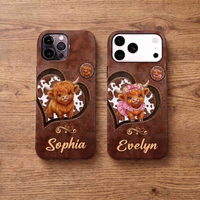 Personalized Name Highland Cow Phone Case, TPU Phone Case for iPhone, Western Country Cow Print Phone Cover, Birthday Gift for Boys/Girls/Friends