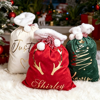 Custom Name Velvet Santa Sack with Pom Pom, Large Capacity Christmas Gift Bag, Holiday Party Favor, Christmas Gift for Kids/Family/Friends
