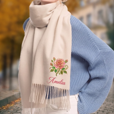 Personalized Birth Flower Scarf/Shawl with Name, Elegant Soft Fringed Shawl, Fall Winter Daily Wear Accessory, Birthday Gift for Family/Couples/Women