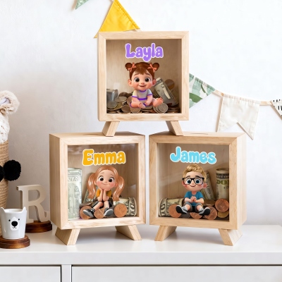 Personalized Cartoon Kid Character Money Box Piggy Bank with Name, Clear Window Wooden Saving Bank, Desk Decor, Birthday Gift for Boys/Girls/Kids