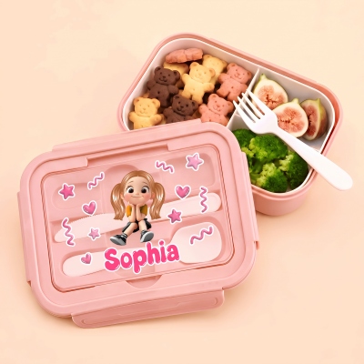 Personalized Star Cartoon Character Microwavable Lunch Box with Name and Cutlery, Picnic Outdoor Activity Use, Back to School Gift for Students/Kids