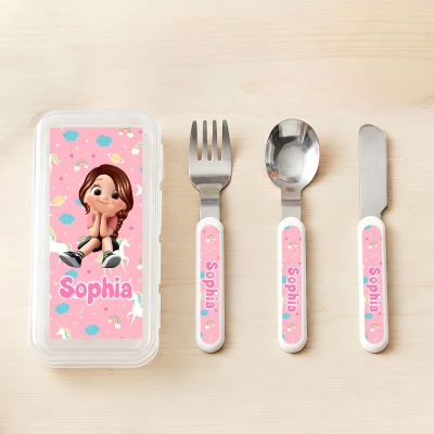 Personalized Cartoon Character Pattern Fork Spoon Knife 3 PCS Cutlery Set with Name and Case, Daily Use, Birthday Gift for Kids/Boys/Girls