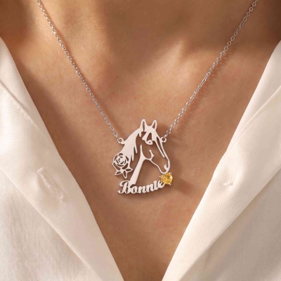 Personalized Rose Horse Silhouette Name Necklace with Heart Birthstone, Elegant Sterling Silver 925 Horse Pendant, Gift for Horse Lovers/Owners/Riders