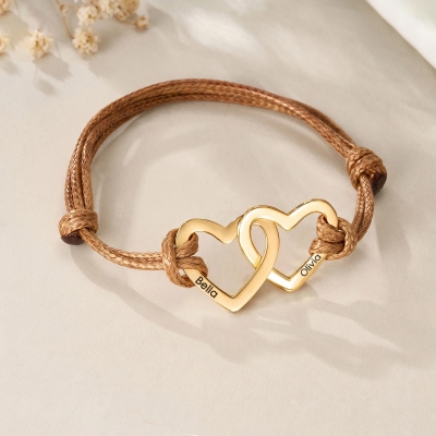 Personalized Double Hearts Leather Bracelet with 1-4 Names, Mother's Day Birthday Gift for Her/Mom/Grandma