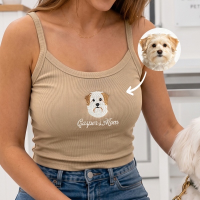 Personalized Pet Portrait Embroidered Ribbed Cami Tank Top with Name, Summer Sling Top, Daily Wear, Birthday/Anniversary Gift for Fur Moms/Pet Lovers