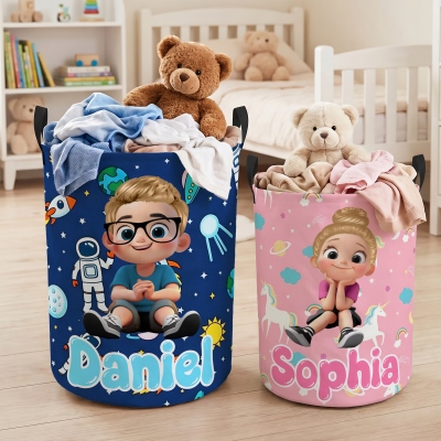 Personalized Kid Cartoon Character Waterproof Storage Basket with Name and Handle Room Organizer, Birthday/Housewarming Gift for Family/Kids