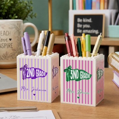 Personalized Striped Pennant Flag Building Blocks Pencil Holder with Name, Desk Organizer, Back to School Gift for Teachers/Educators