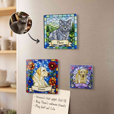 Personalized Pet Portrait Faux Stained Glass Fridge Magnet with Name, Dog or Cat Magnet Keepsake, Birthday/Memorial Gift for Pet Owners/Lovers