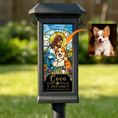 Personalized Jesus Pet Photo Solar Garden Light with Name Text and Date, Garden Decor, Memorial/Sympathy Gift for Pet Owner/Christian