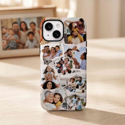 Personalized Retro Scrapbook Tear Paper Photos Collage Phone Case for iPhone Samsung, Daily Use, Birthday/Anniversary Gift for Friend/Family