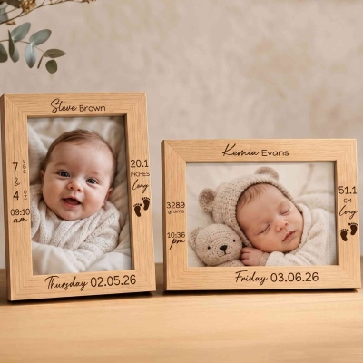 Personalized Engraved Footprint Wooden Photo Frame with Photo Name and Birth Information, Home Decor, Baby Shower Gift for New Parents/Newborns
