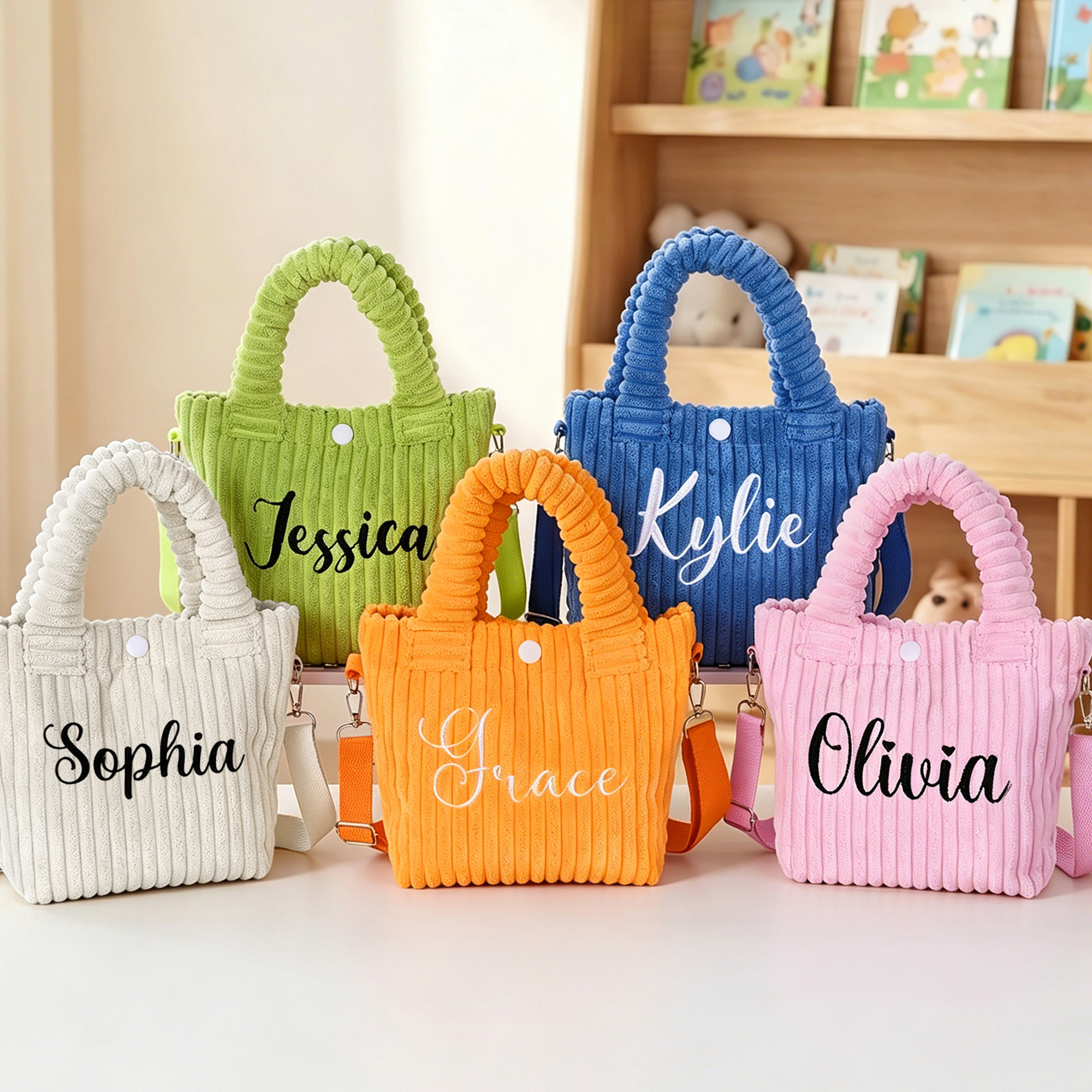 Personalized Embroidered Name Kid Corduroy Bag, Cute Multicolor Tote Handbag, Crossbody Travel Purse, Back to School/Birthday Gift for Toddlers/Girls