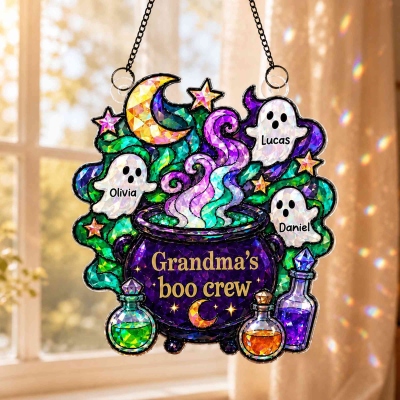 Personalized Boo Crew Magic Pot Ghost Sun Catcher with 1-7 Names and Title, Room Decoration, Halloween Gift for Grandma