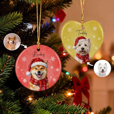 Personalized Snowflake Multicolor Oil Painting Style Christmas Theme Pet Photo Ceramic Ornament with Name, Christmas Gift for Family/Friends Pet Owners
