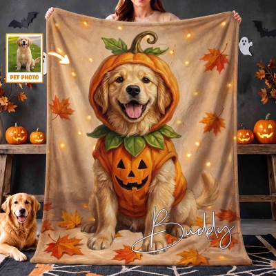 Personalized Pumpkin Ghost Halloween Theme Pet Photo Soft Throw Blanket with Name, Holiday Decor, Halloween Gift for Pet Lover
