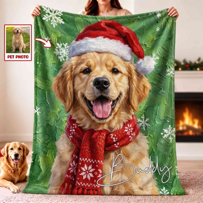 Personalized Oil Painting Style Christmas Hat Pet Photo Soft Throw Blanket with Name, Home Decor, Christmas Gift for Pet Lovers