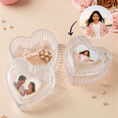 Personalized Photo Heart-Shaped Embossed Glass Jewelry Box, Vanity Storage Case, Birthday/Valentine’s Day/Wedding Gift for Her/Wife/Bridesmaids