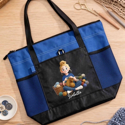 Personalized 3D-Effect Artwork Yarn Knitting Cartoon Character Zippered Tote Bag with Name and Mesh Pocket, Birthday Gift for Knitting Lovers/Women