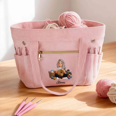 Personalized 3D-Effect Artwork Yarn Knitting Cartoon Character Corduroy Tote Bag with Name and Crochet Hook Slots, Birthday Gift for Women