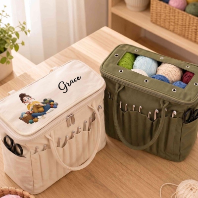 Personalized 3D-Effect Artwork Yarn Knitting Cartoon Character Zippered Storage Bag with Name, Daily Use, Birthday Gift for Knitting Lovers/Women