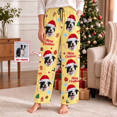 Personalized Merry Christmas Santa Hat Pet Photo Soft Pajama Pants, Family Gathering/Christmas Gift for Pet Lover