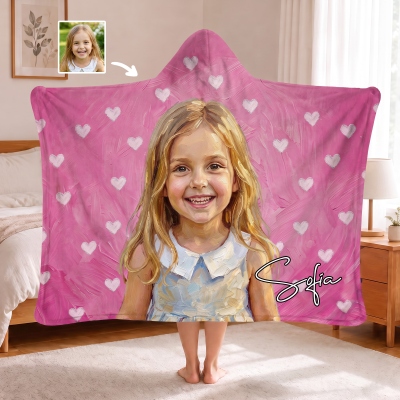 Personalized Oil Painting Portrait Soft Hooded Blanket with Name, Daily Use, Birthday/Anniversaries Gift for Family/Friends