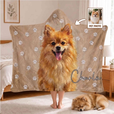 Personalized Oil Painting Style Pet Photo Paw Print Soft Hooded Blanket with Name, Birthday/Christmas/Memorial Gift for Family/Friends