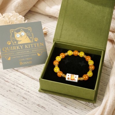 Quirky Kitten Beaded Bracelet with Name Card & Gift Box, Orange & Yellow Natural Stones Cat Jewelry, Birthday/Anniversary Gift for Cat Mom/Women