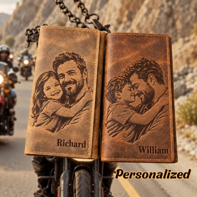 Personalized Name Photo Engraved Tri-Fold Wallet with Chain, Vintage Crazy Horse Leather Purse, Birthday/Anniversary Gift for Men/Dad/Husband