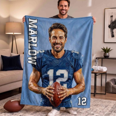 Personalisierte, mehrfarbige Sport-Kuscheldecke im Ölgemälde-Stil mit Namen und Nummer, Jubiläums-/Geburtstagsgeschenk für Sportbegeisterte