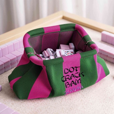 Custom Name Embroidered Mahjong Tile Storage Bag, No‑zipper Spring Closure Striped Knitted Mahjong Pouch, Game Night/Birthday Gift for Mahjong Lovers