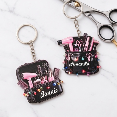 Personalized 3D Effect Hairstylist Christmas Keychain with Name, Hair Tools Salon Bag Acrylic Keyring, Appreciation Gift for Hairstylists/Hairdressers