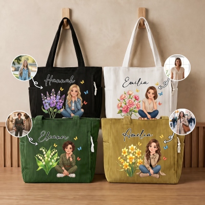 Personalized Birth Flower Butterfly Photo Cartoon Character Large Capacity Corduroy Tote Bag with Name, Daily Use, Birthday Gift for Women Friends
