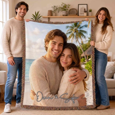Personalized Couple Photo Soft Colorful Tassels Throw Blanket with Name, Anniversary/Birthday Gift for Girlfriend/Boyfriend