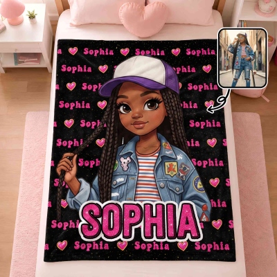 Personalized 3D-Style Art Black Boy Girl Photo Word Cloud Soft Throw Blanket with Name, Home Decor, Birthday Gift for Black Boy/Girl