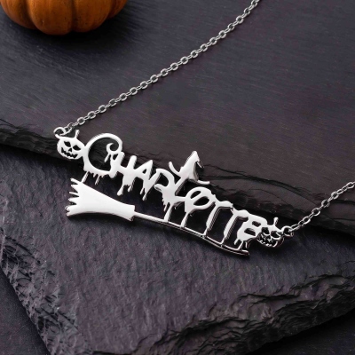 Personalized Pumpkin Witch Hat Broomstick Necklace with Name, Sterling Silver 925 Gothic Jewelry, Halloween Gift for Teen Girls/Women/Friends