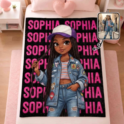 Personalized 3D-Effect Artwork Cartoon Black Girl Boy Soft Throw Blanket with Name, Home Decor, Birthday Gift for Black Kid Teenager