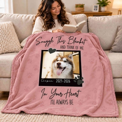 Personalized Pet Photo Heart Paw Prints Blanket with Name, Flannel/Sherpa Bed Couch Throw, Birthday/Christmas/Memorial Gift for Pet Lovers/Owners