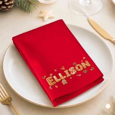 Personalized Gingerbread Christmas Cookie Pattern 100% Cotton Reusable Red Napkin with Name, Table Decor, Christmas Gift for Family/Friends