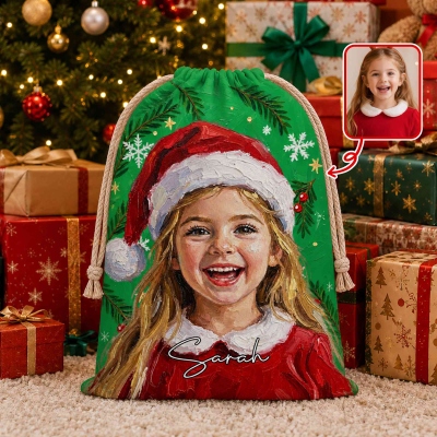 Personalized Oil Painting Style Photo Multicolor Large Drawstring Christmas Gift Bag with Name, Christmas Party Gift for Kids/Friends