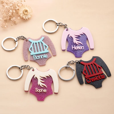 Personalized Glitter Leotard-Shaped Keychain with Name, Acrylic Gymnastics Keyring, Bag Charm, Competition Day/Birthday Gift for Gymnast Girls