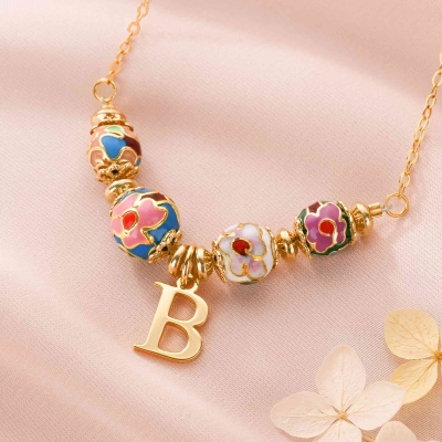 Personalized Initial Enamel Floral Beaded Necklace, Dainty Sterling Silver 925 Women’s Jewelry, Birthday/Anniversary Gift for Her/Mom/Wife/Friends