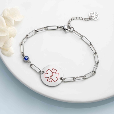 Personalized Engraved Medical Alert Bracelet with Birthstone, Women’s Medical ID Emergency Contact Bracelet, Birthday Gift for Mom/Grandma/Patients