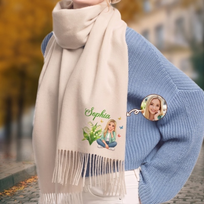 Personalized Multicolor Cartoon Sitting Character Photo Birth Flower Tassel Scarf Shawl with Name, Winter Accessory, Christmas Holiday Gift for Women