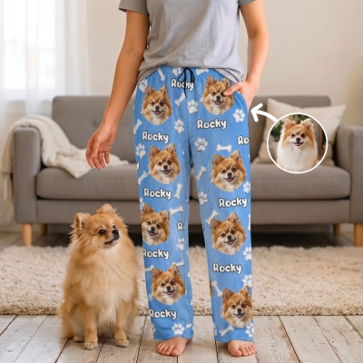 Personalized Multicolor Bone Paw Print Oil Painting Style Pet Face Photo Soft Pajama Pants, Birthday Gift for Dog/Cat/Pet Lover/Owner