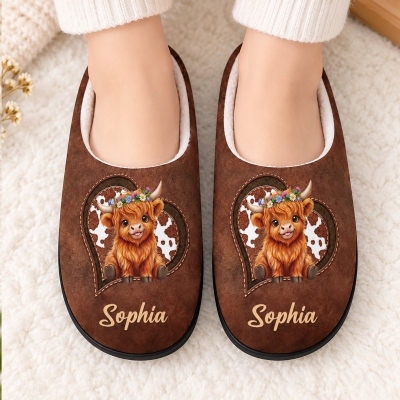 Personalized Cartoon Heart Highland Cow Flannel Slippers with Name, Warm Winter Closed-Toe Indoor Shoes, Birthday/Christmas Gift for Family/Kids