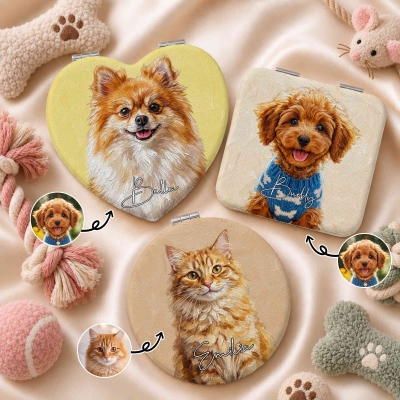Personalized Oil Painting Style Pet Photo Compact Heart Round Square Makeup Mirror with Name, Portable Birthday/Wedding Party Gift for Pet Lovers